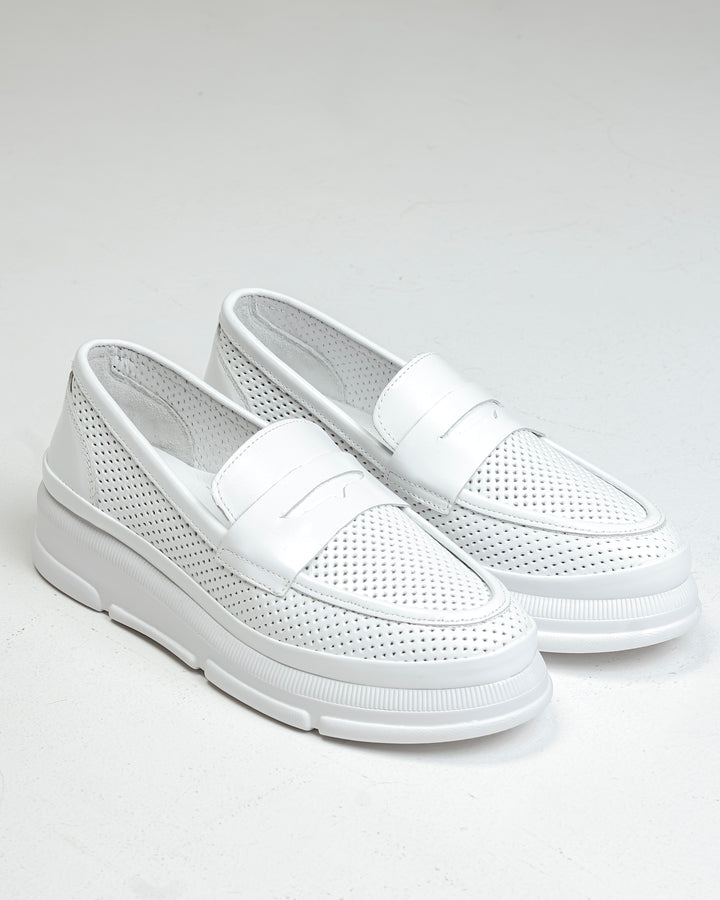 Krula White Perforated Leather Slip-On Loafers