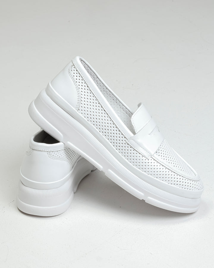 Krula White Perforated Leather Slip-On Loafers