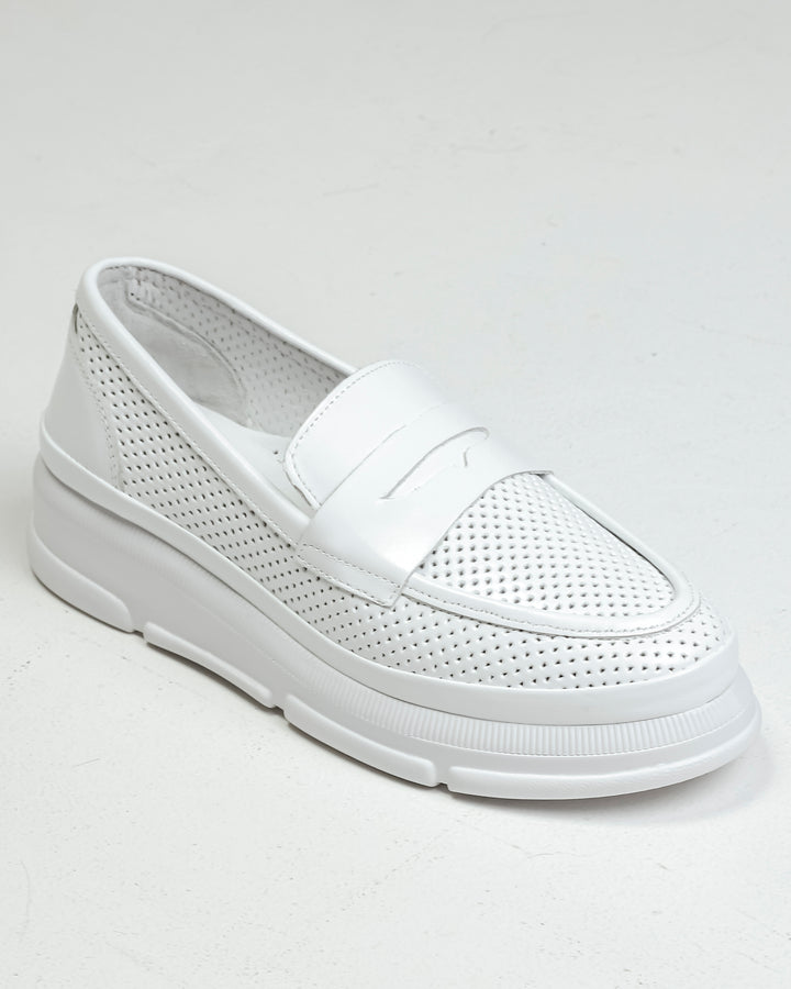 Krula White Perforated Leather Slip-On Loafers