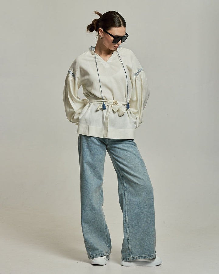 Warm White Linen Vyshyvanka Shirt with Embroidery