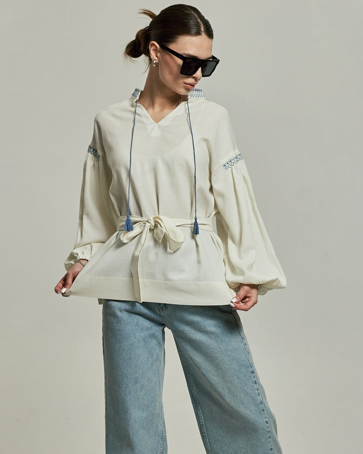Warm White Linen Vyshyvanka Shirt with Embroidery