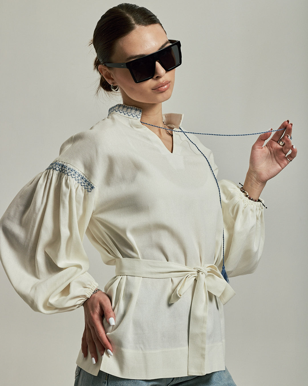 Warm White Linen Vyshyvanka Shirt with Embroidery