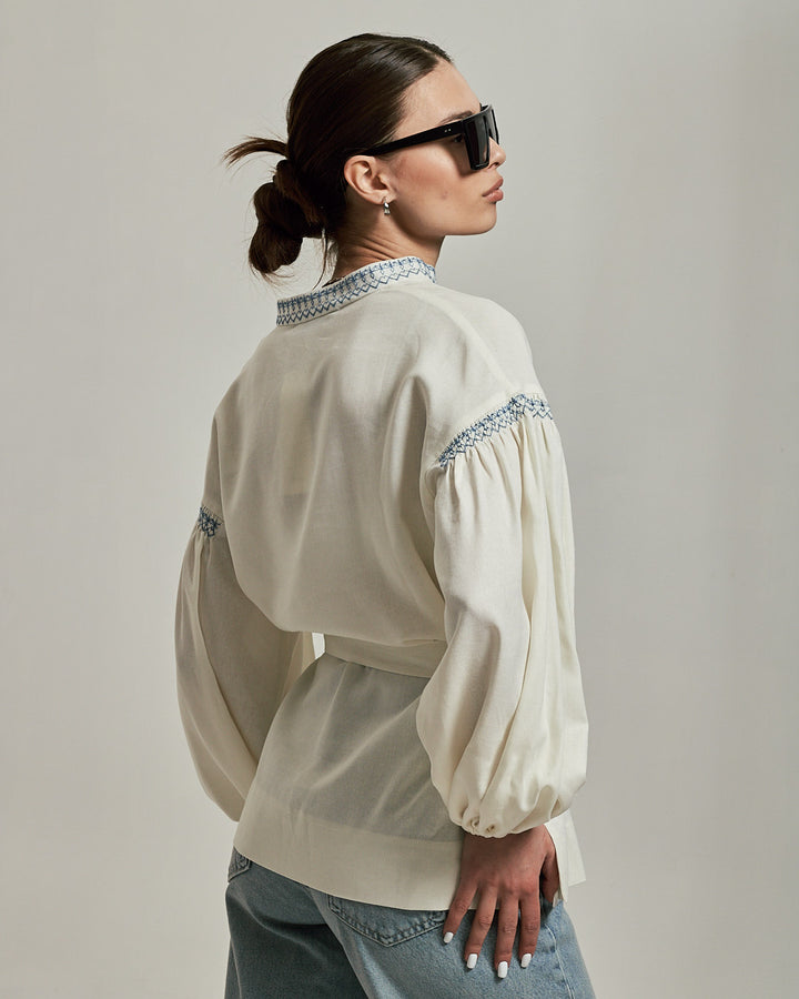 Warm White Linen Vyshyvanka Shirt with Embroidery