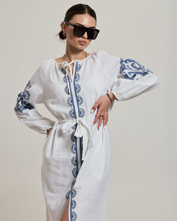 Classic White Linen Shift Dress with Waist Tie