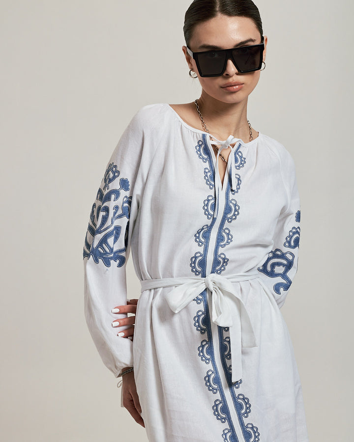 Classic White Linen Shift Dress with Waist Tie