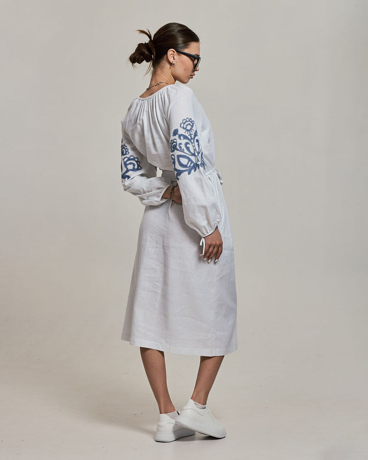Classic White Linen Shift Dress with Waist Tie