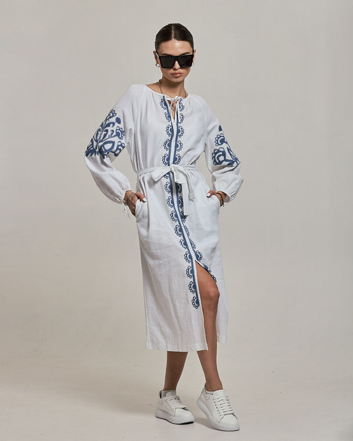 Classic White Linen Shift Dress with Waist Tie