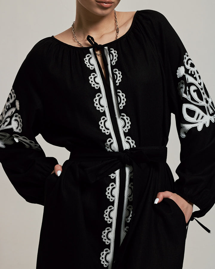 Traditional Black Linen Vyshyvanka with Intricate Embroidery