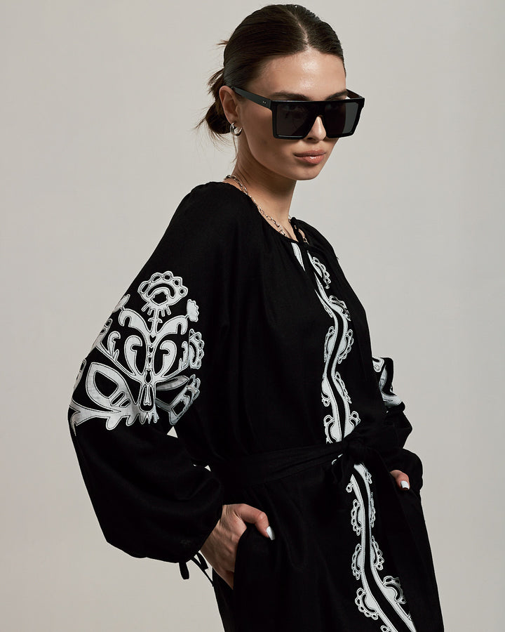 Traditional Black Linen Vyshyvanka with Intricate Embroidery