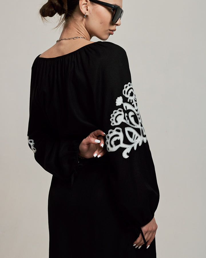 Traditional Black Linen Vyshyvanka with Intricate Embroidery