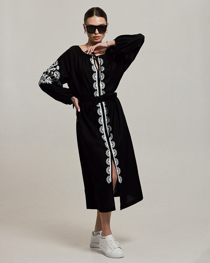 Traditional Black Linen Vyshyvanka with Intricate Embroidery