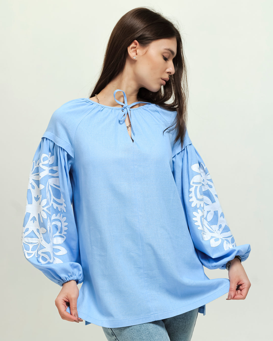 Blue Linen Vyshyvanka Shirt with Belt and Embroidery