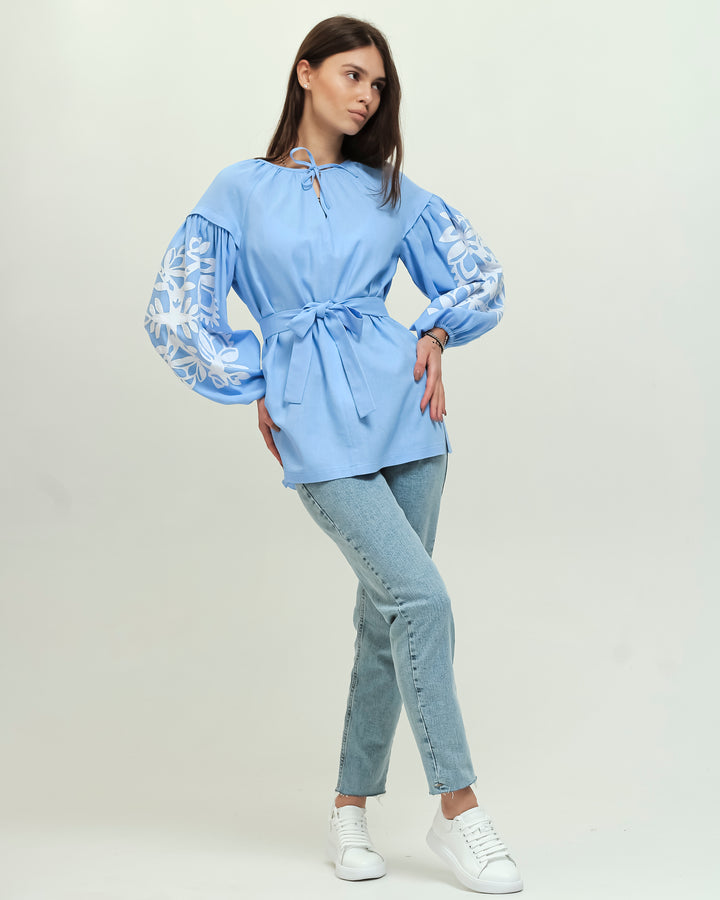 Blue Linen Vyshyvanka Shirt with Belt and Embroidery