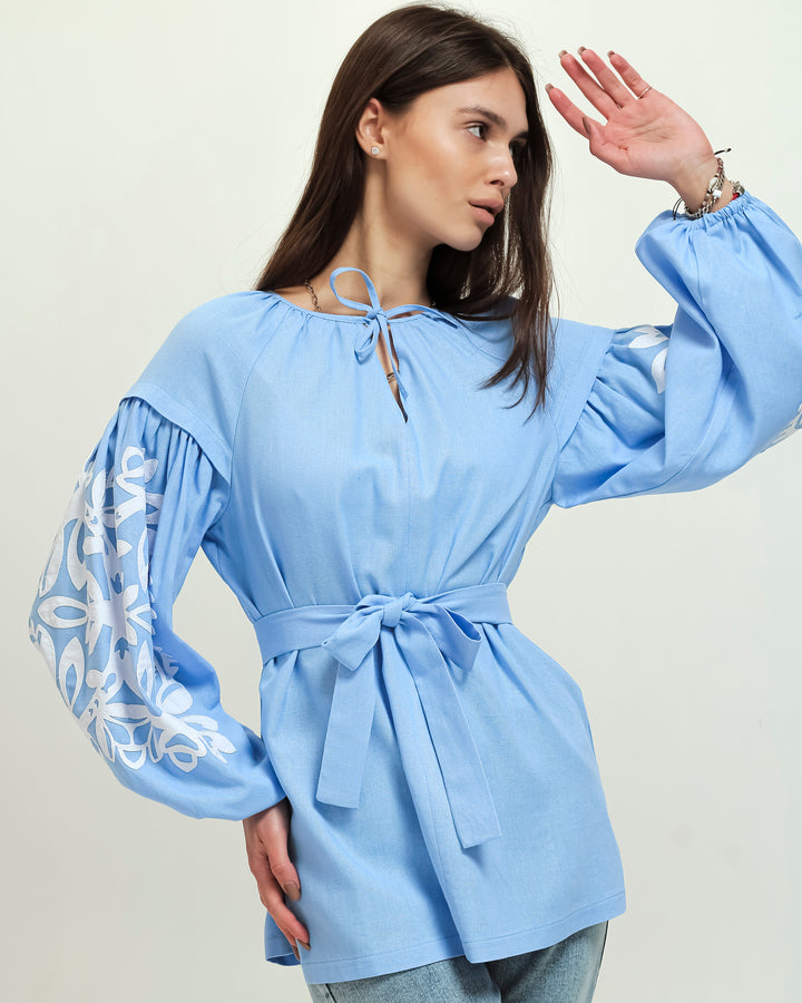 Blue Linen Vyshyvanka Shirt with Belt and Embroidery