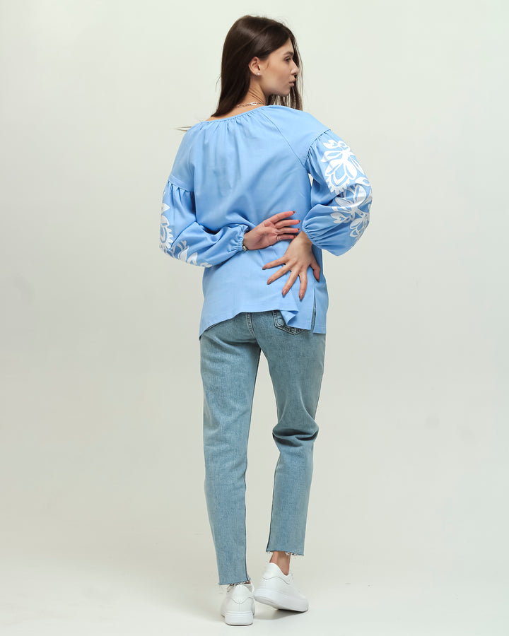 Blue Linen Vyshyvanka Shirt with Belt and Embroidery