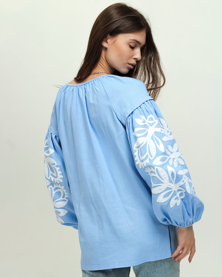 Blue Linen Vyshyvanka Shirt with Belt and Embroidery