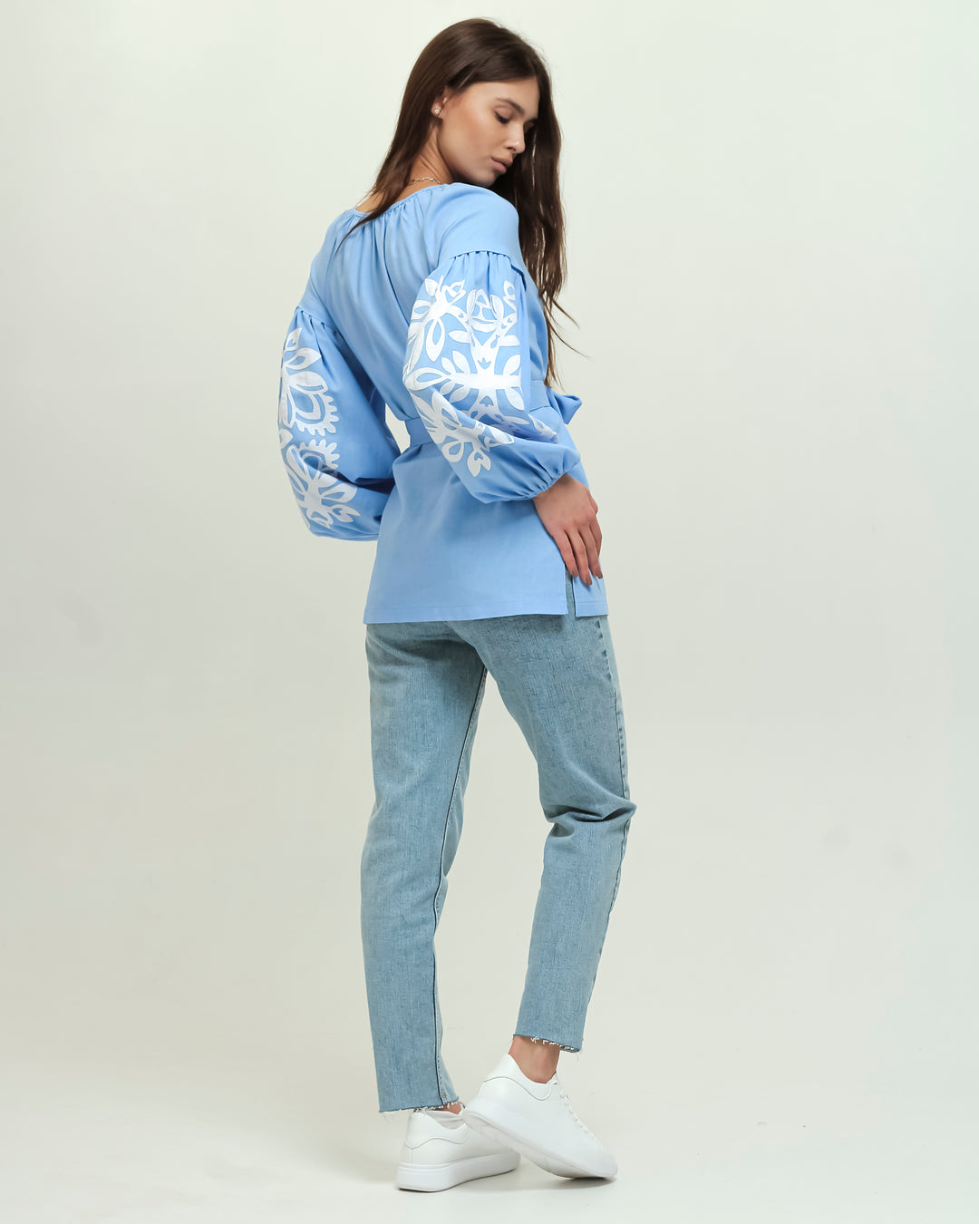 Blue Linen Vyshyvanka Shirt with Belt and Embroidery