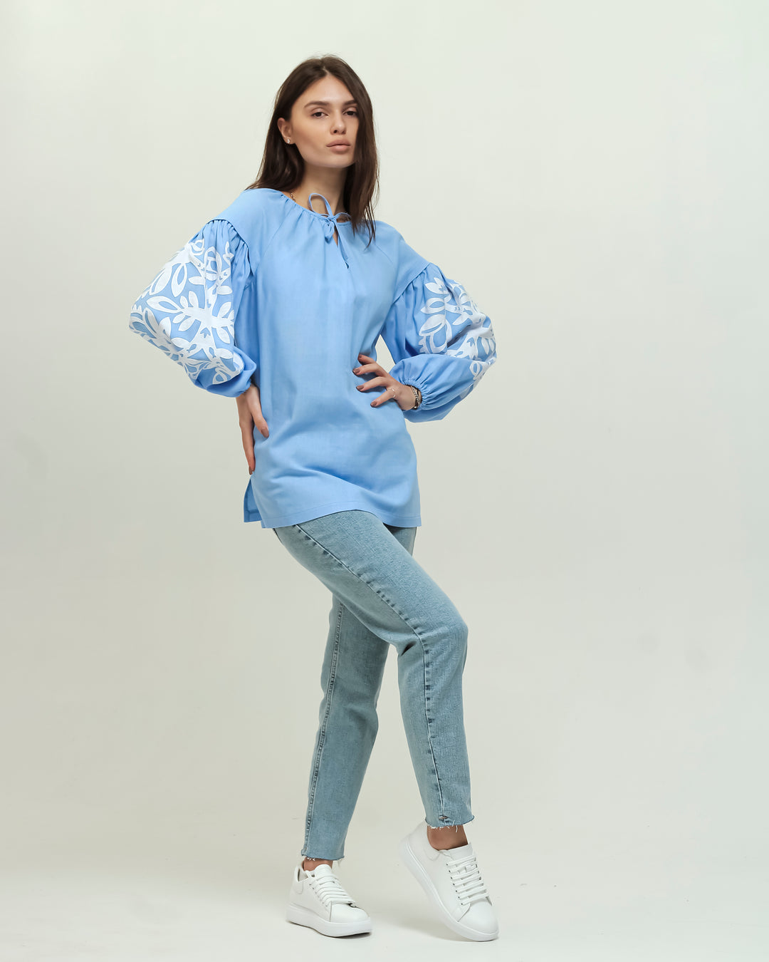 Blue Linen Vyshyvanka Shirt with Belt and Embroidery