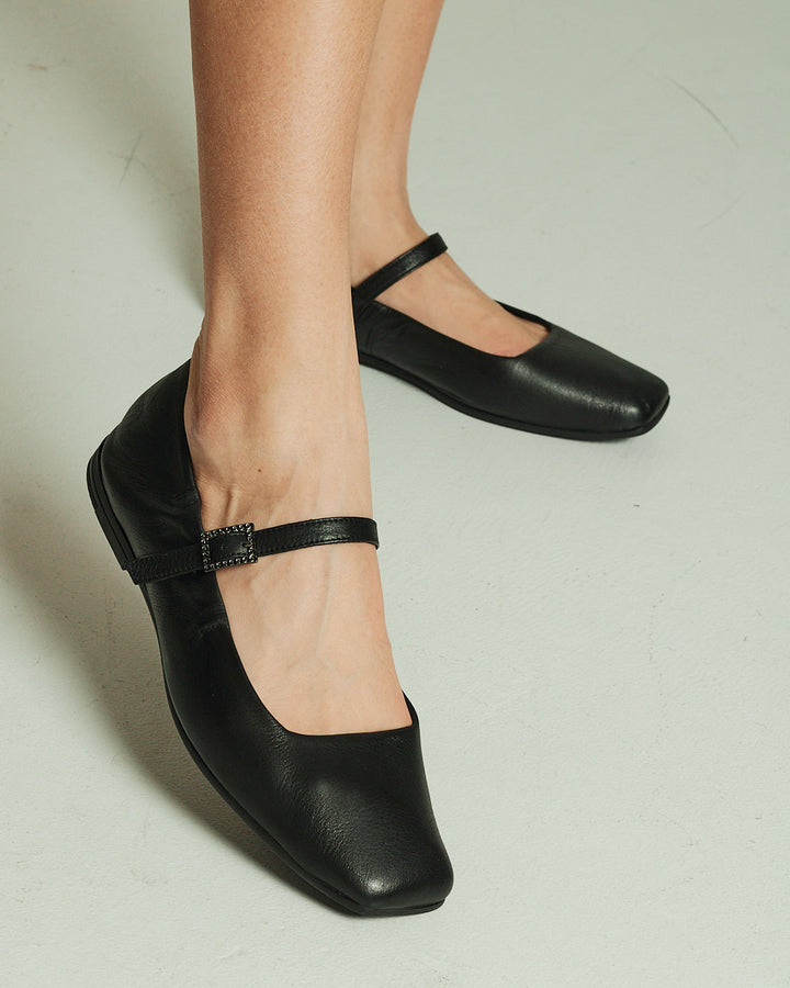 Black Leather Flats Marry Jane with square toe