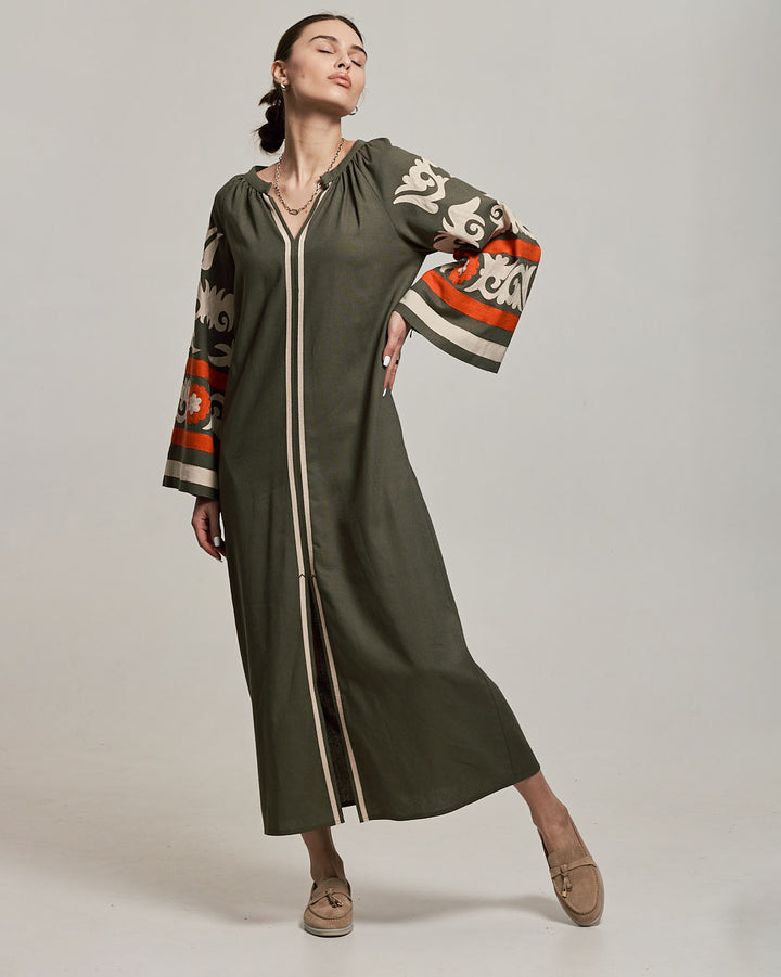 Women's Linen Embroidered Dress Khaki
