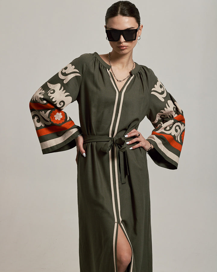 Women's Linen Embroidered Dress Khaki
