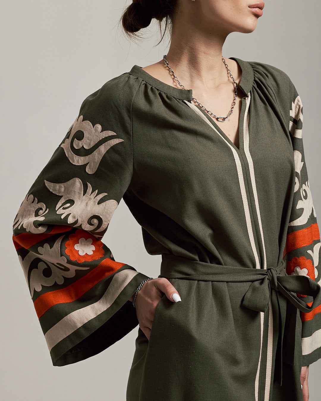 Women's Linen Embroidered Dress Khaki