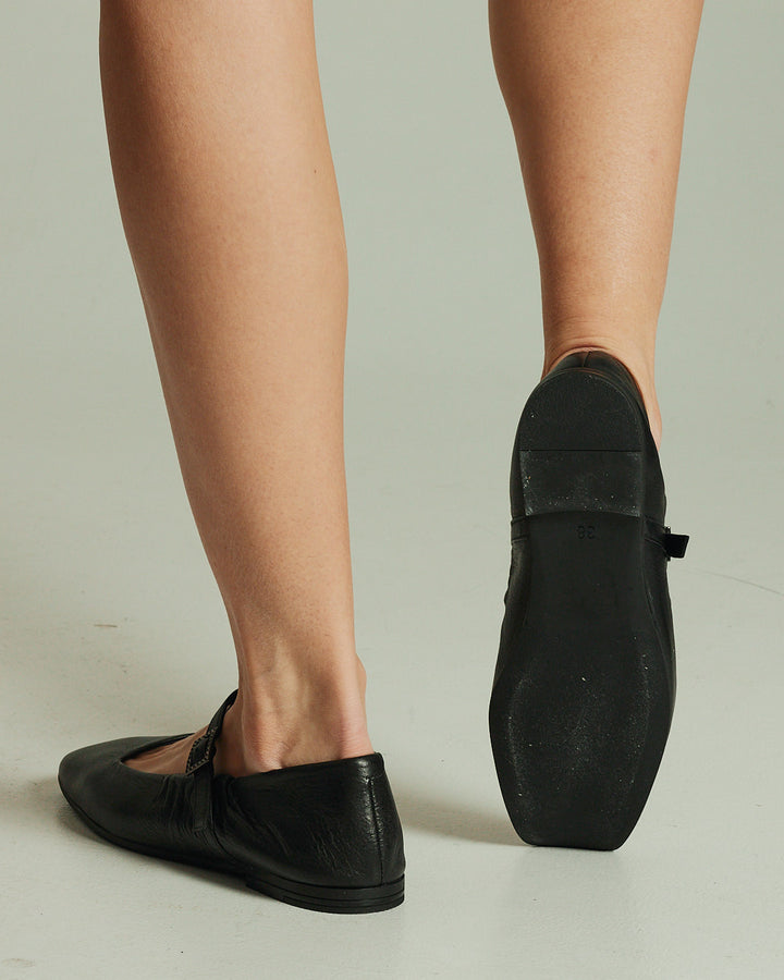 Black Leather Flats Marry Jane with square toe