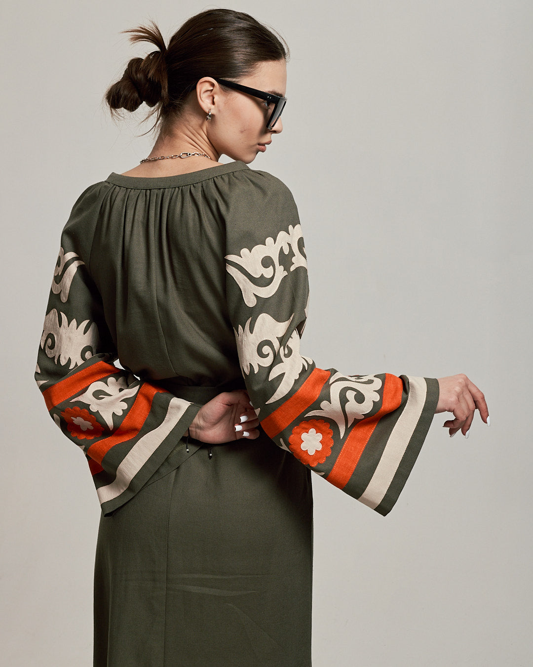 Women's Linen Embroidered Dress Khaki