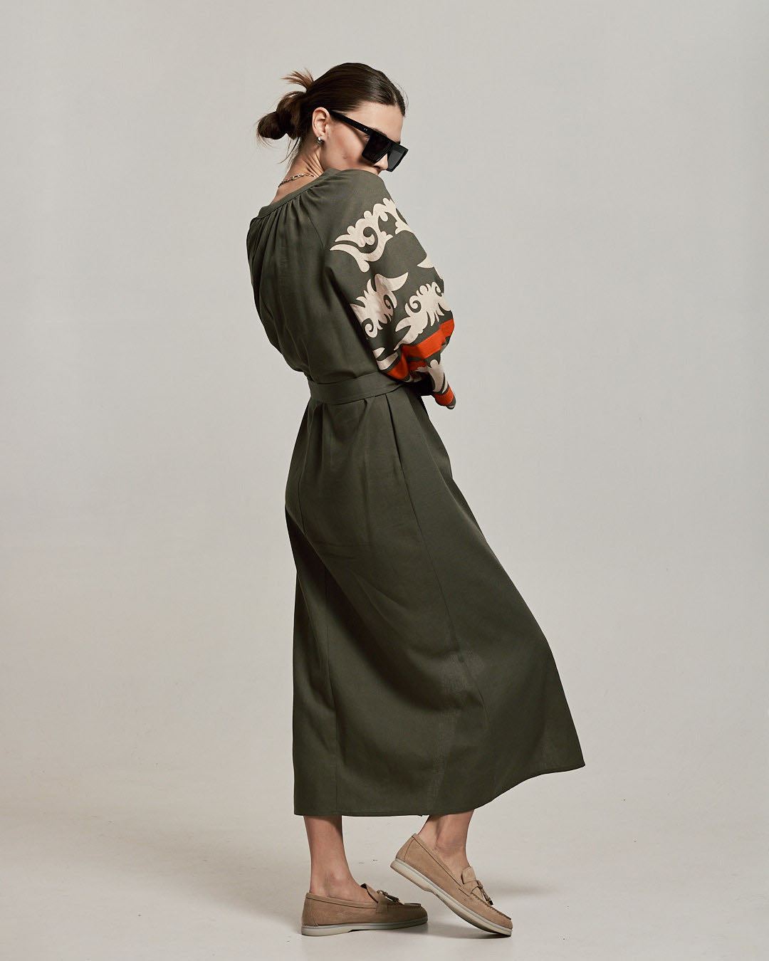 Women's Linen Embroidered Dress Khaki