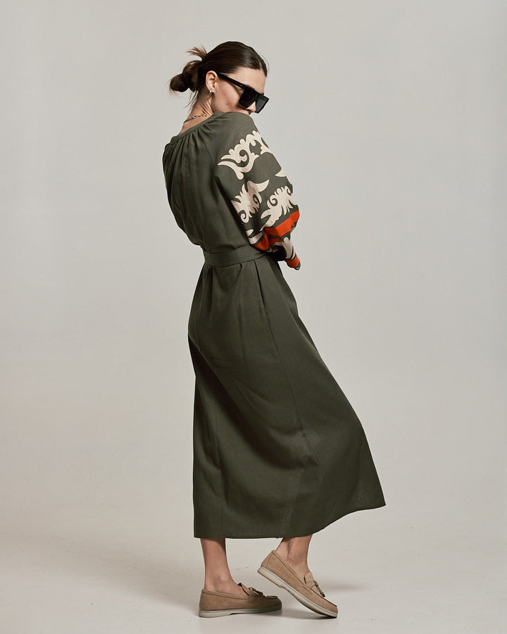 Women's Linen Embroidered Dress Khaki