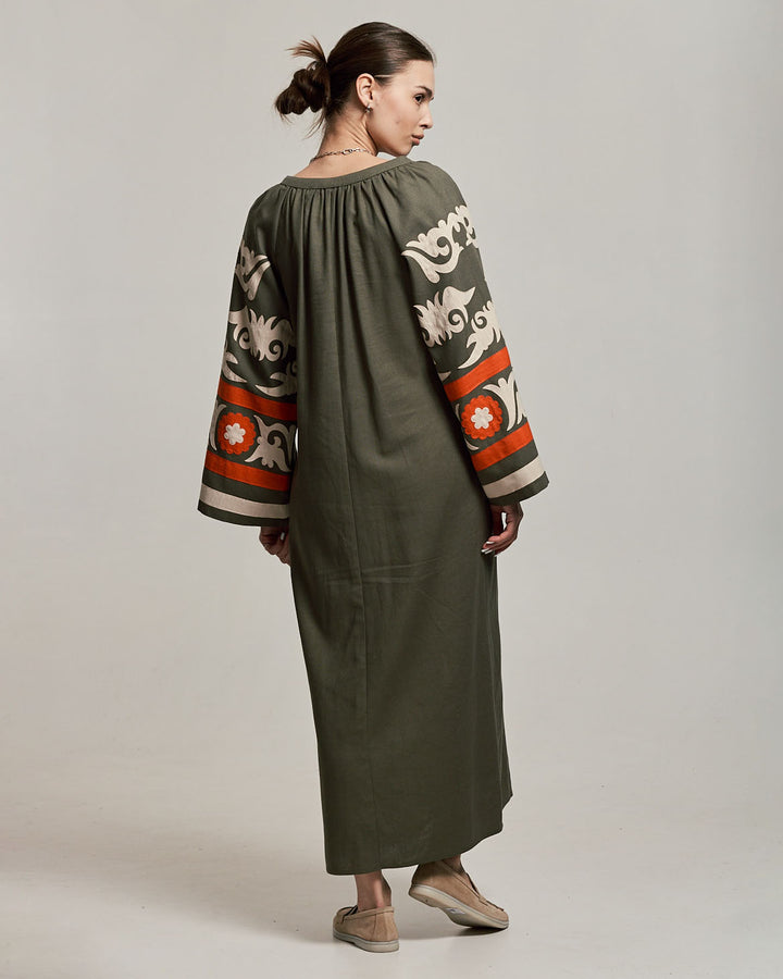 Women's Linen Embroidered Dress Khaki
