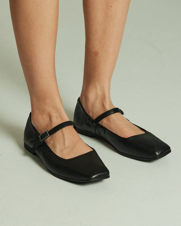 Black Leather Flats Marry Jane with square toe