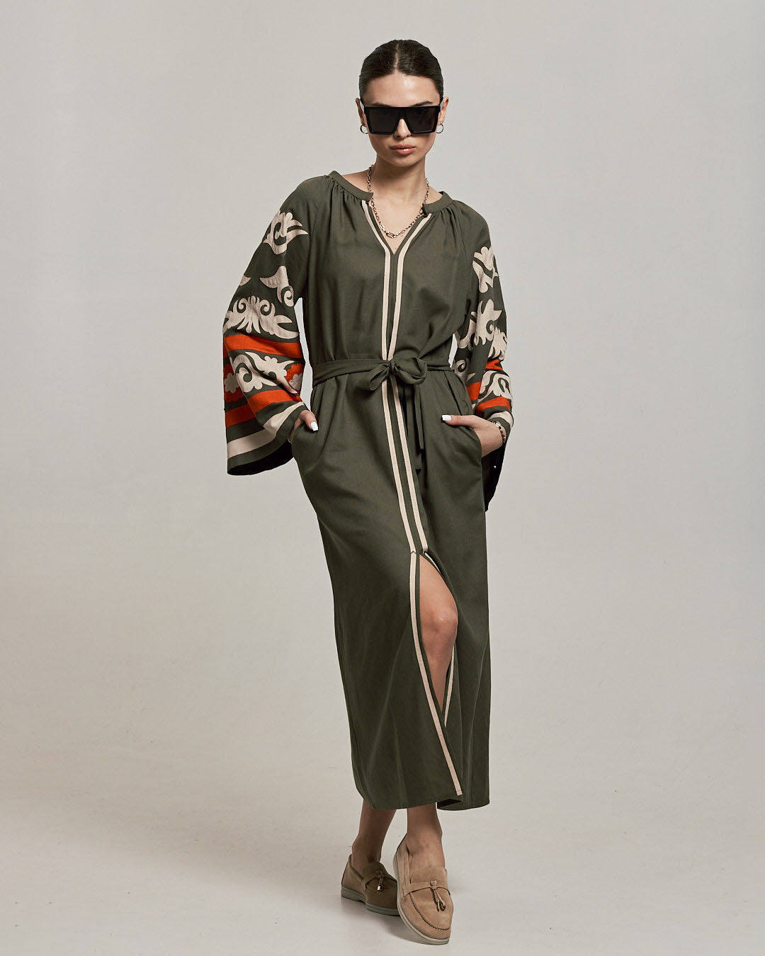 Women's Linen Embroidered Dress Khaki