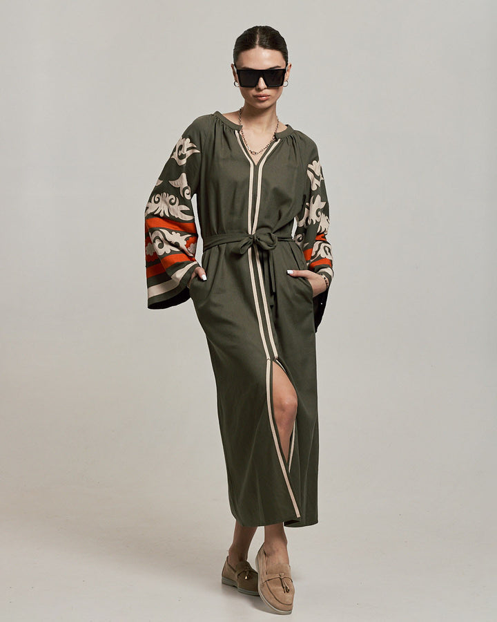 Women's Linen Embroidered Dress Khaki