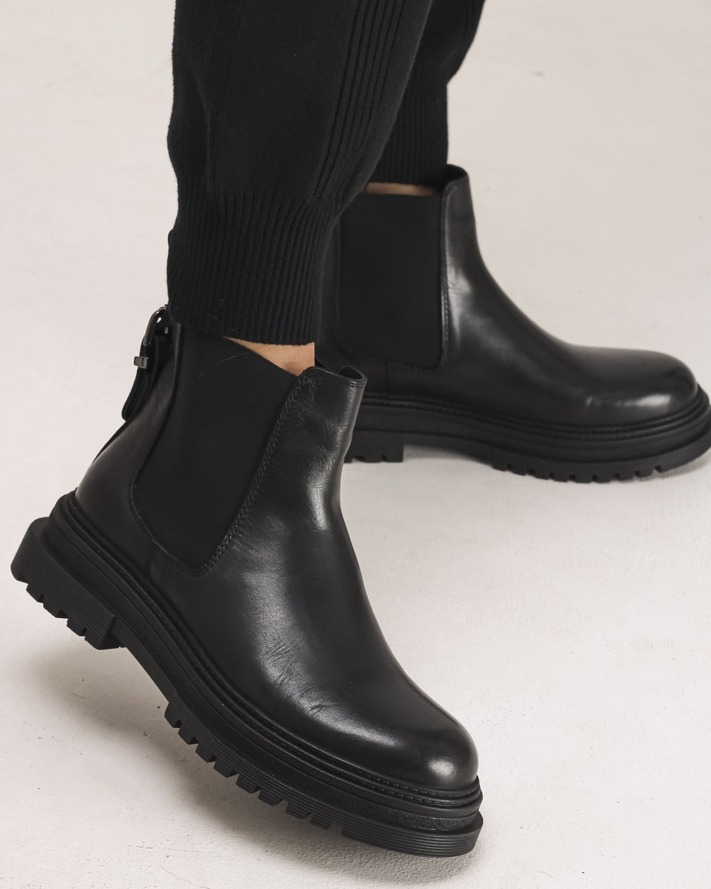 Black Leather Chelsea Boots with Chunky Sole