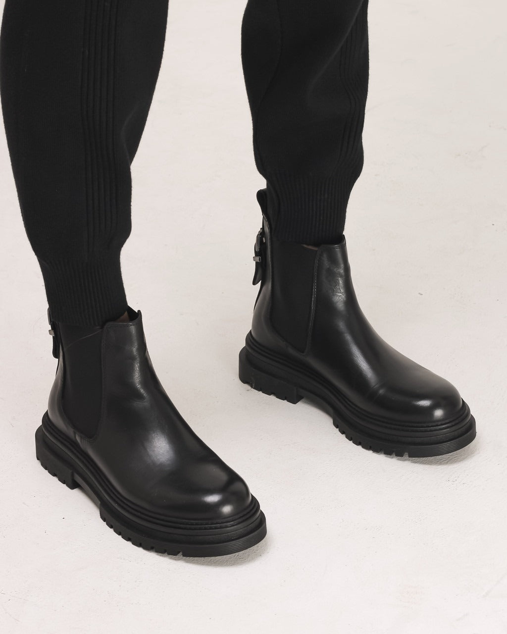 Black Leather Chelsea Boots with Chunky Sole