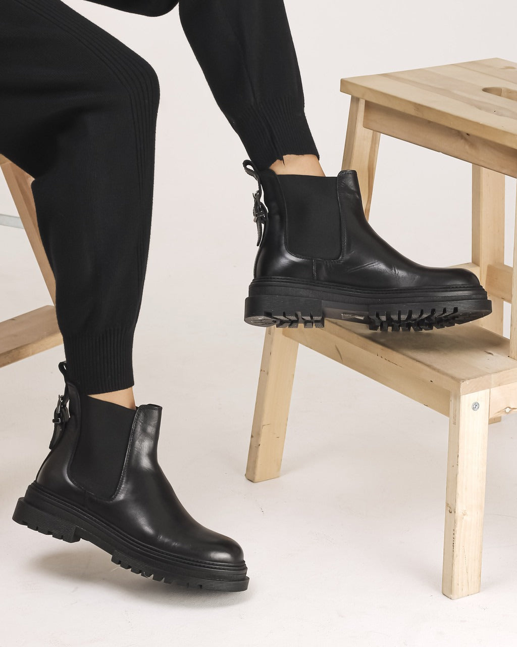 Black Leather Chelsea Boots with Chunky Sole