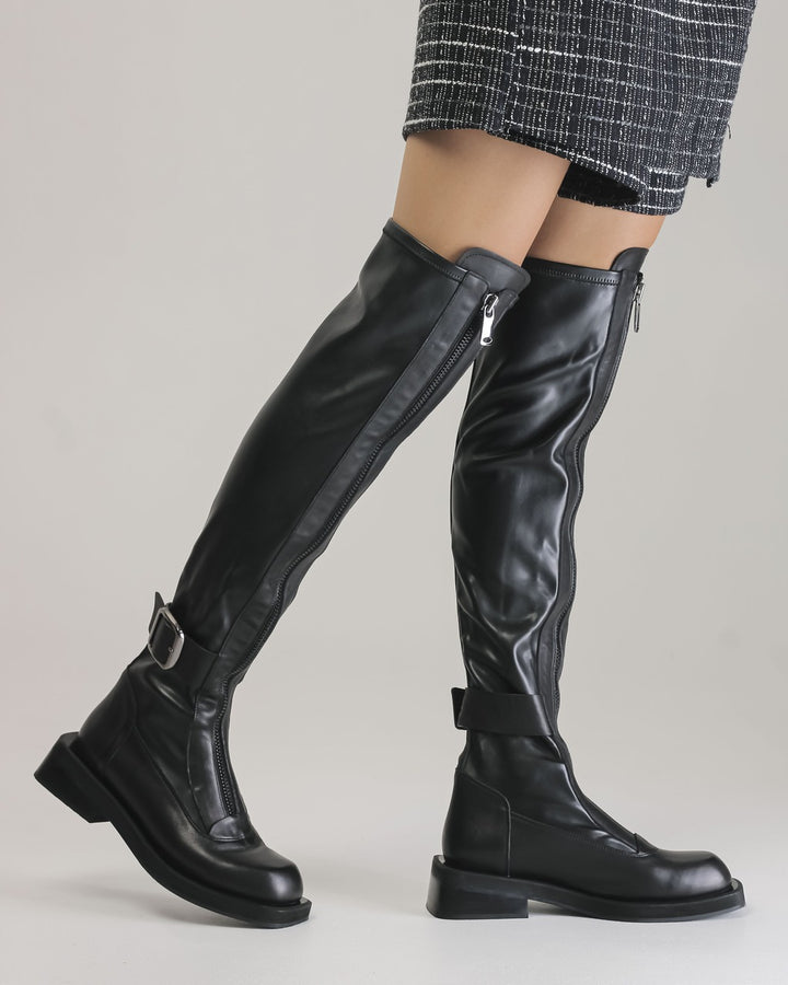 Black Leather Over-the-Knee Boots with Front Zipper