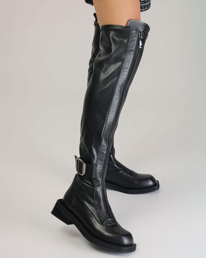 Black Leather Over-the-Knee Boots with Front Zipper