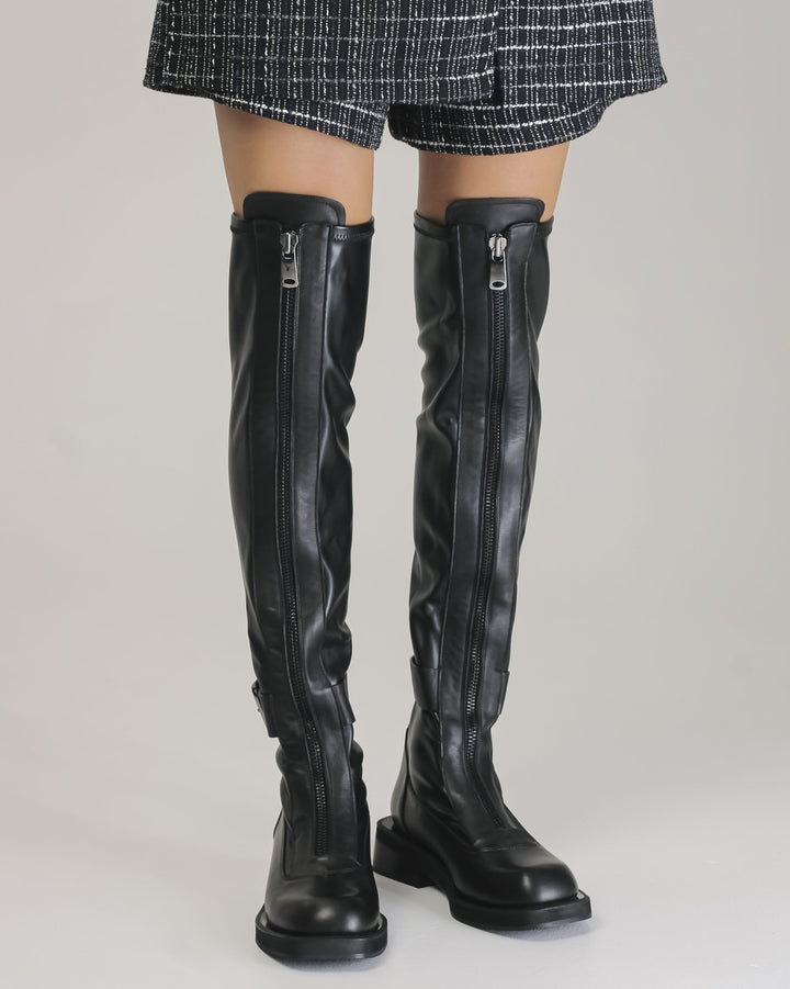 Black Leather Over-the-Knee Boots with Front Zipper