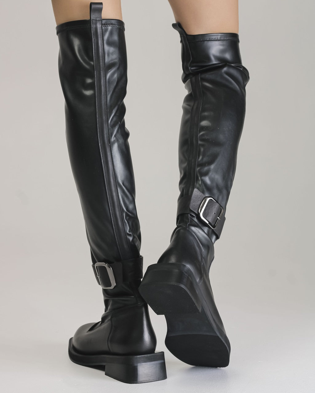Black Leather Over-the-Knee Boots with Front Zipper