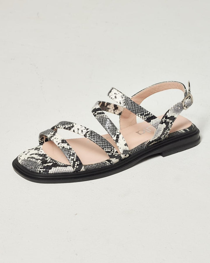 Black & White Snake Pattern Leather Sandals with Ankle Strap