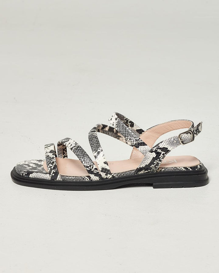 Black & White Snake Pattern Leather Sandals with Ankle Strap