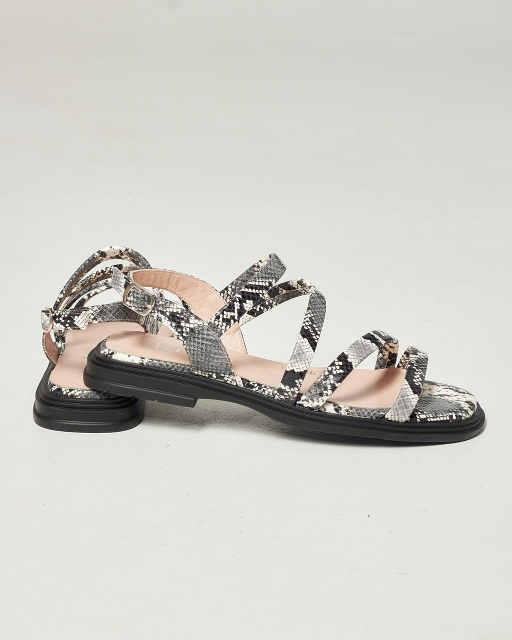 Black & White Snake Pattern Leather Sandals with Ankle Strap
