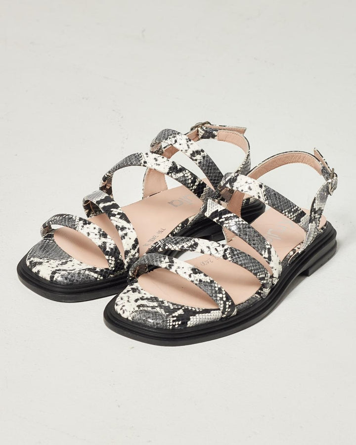 Black & White Snake Pattern Leather Sandals with Ankle Strap