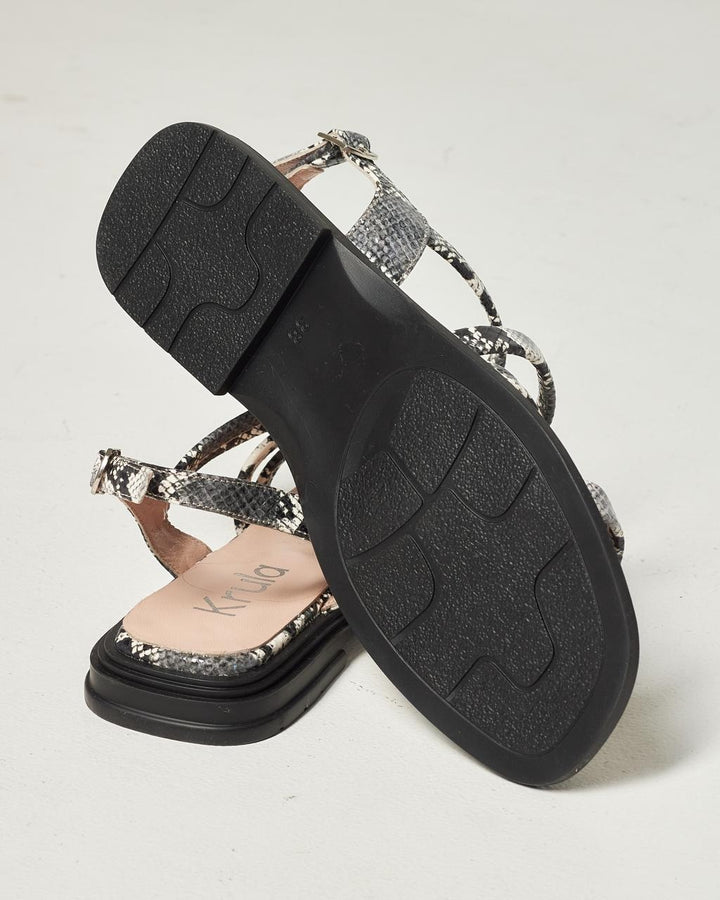 Black & White Snake Pattern Leather Sandals with Ankle Strap