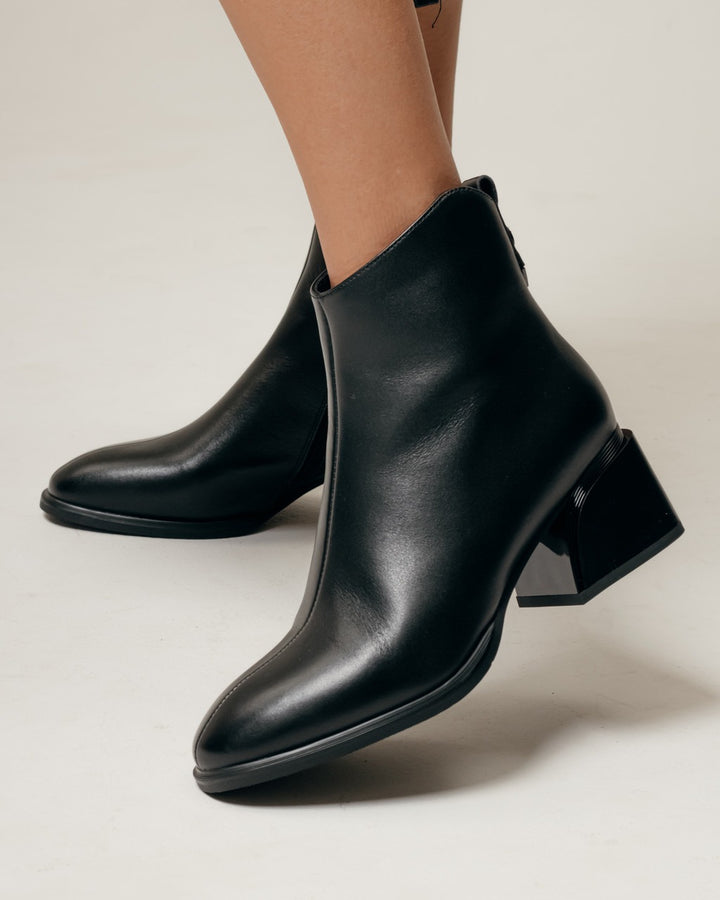 Black Leather Ankle Boots with Block Heel