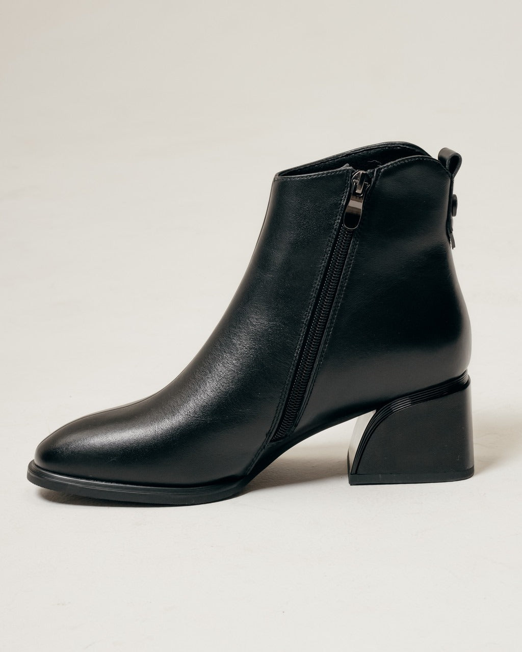 Black Leather Ankle Boots with Block Heel