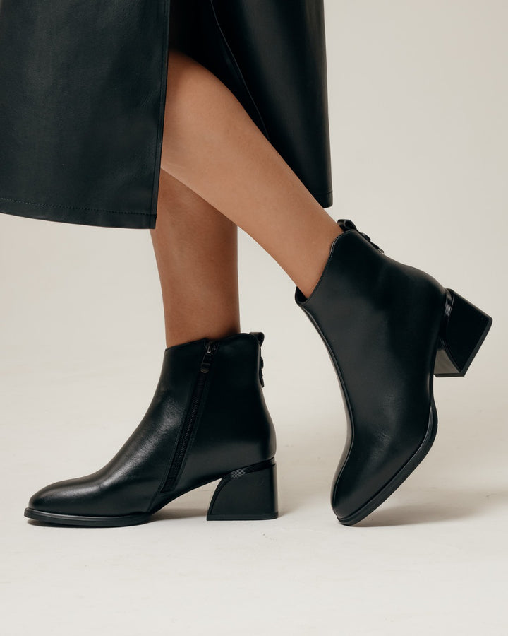 Black Leather Ankle Boots with Block Heel