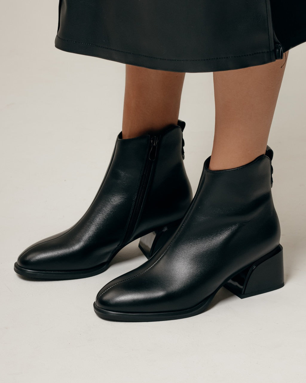 Black Leather Ankle Boots with Block Heel